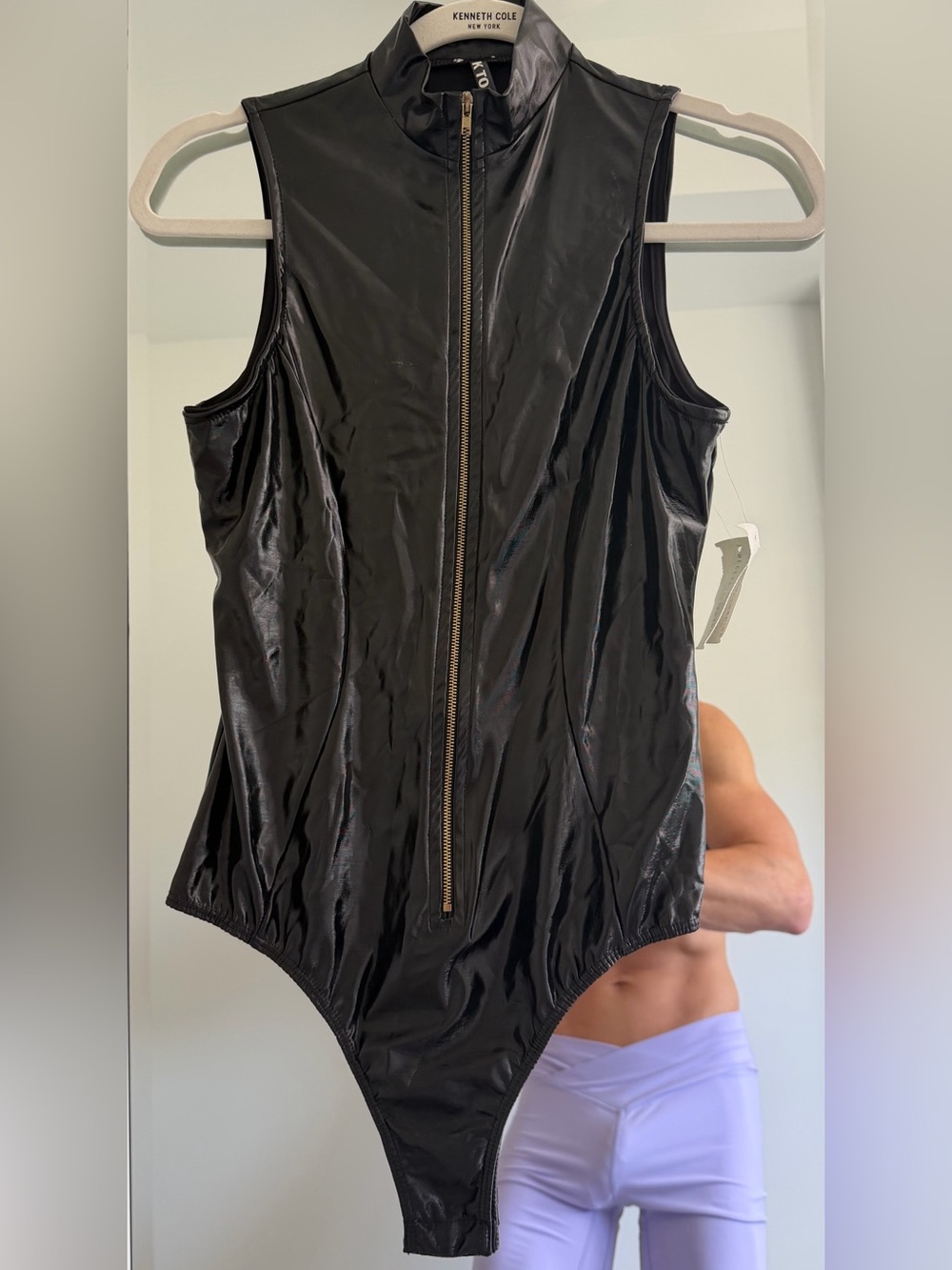 Necessary Clothing Faux Leather Front Zip Thong Bodysuit Black Size S NWT